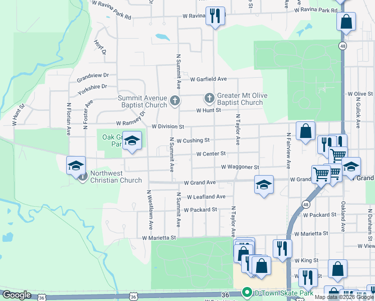 map of restaurants, bars, coffee shops, grocery stores, and more near 1501-1549 North Woodlawn Avenue in Decatur