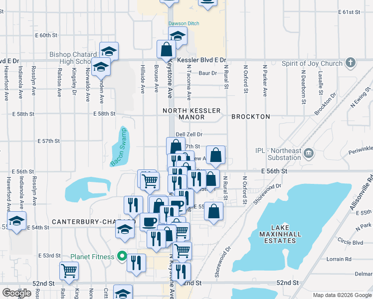 map of restaurants, bars, coffee shops, grocery stores, and more near 2437 East 57th Street in Indianapolis