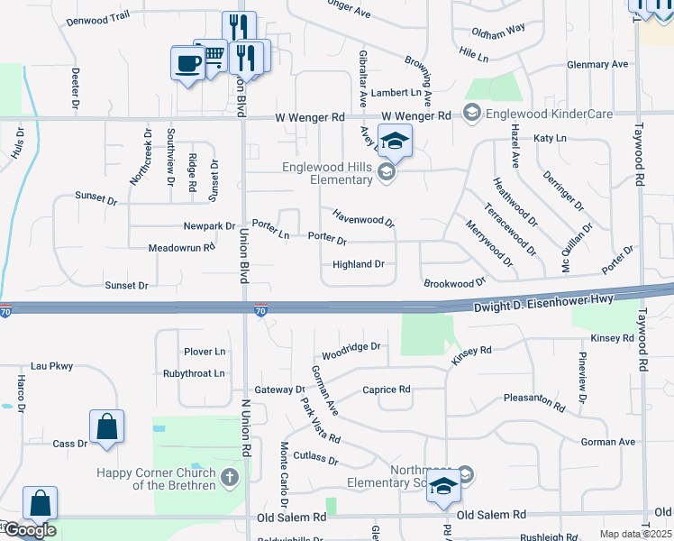 map of restaurants, bars, coffee shops, grocery stores, and more near 323 Highland Drive in Englewood