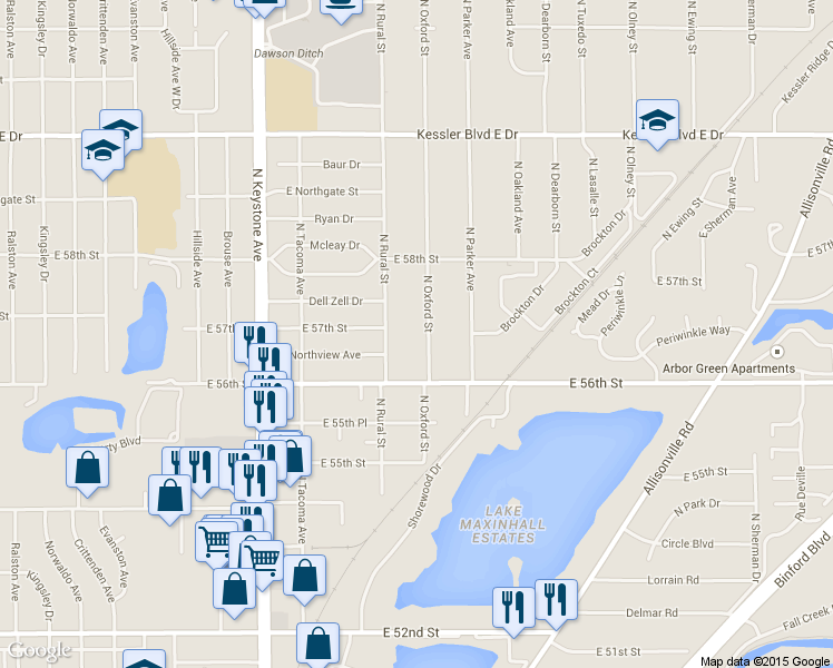 map of restaurants, bars, coffee shops, grocery stores, and more near 5644 N Oxford St in Indianapolis