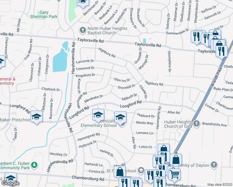 map of restaurants, bars, coffee shops, grocery stores, and more near 6529 Millhoff Drive in Dayton