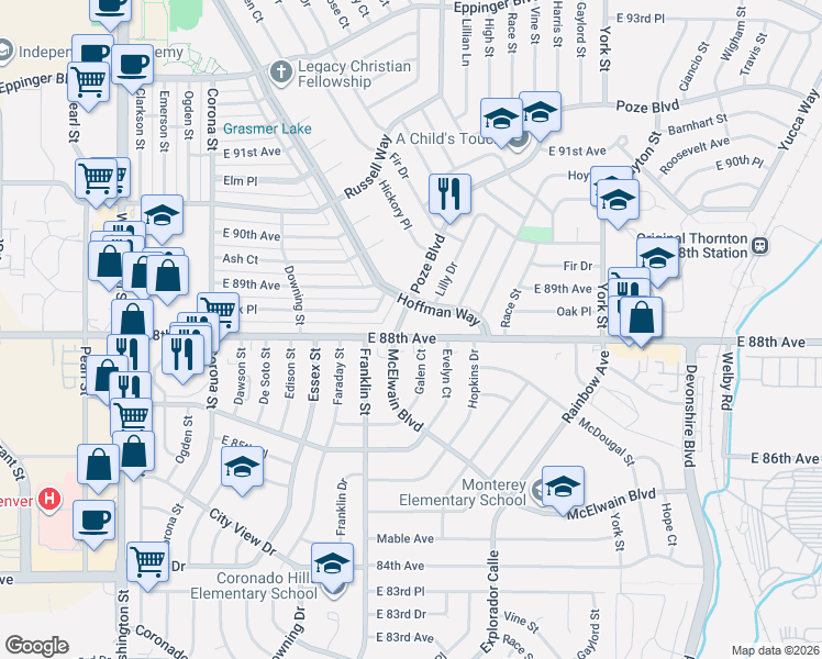 map of restaurants, bars, coffee shops, grocery stores, and more near in Thornton