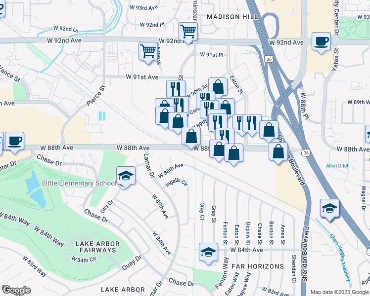map of restaurants, bars, coffee shops, grocery stores, and more near West 88th Avenue & North Harlan Street in Westminster