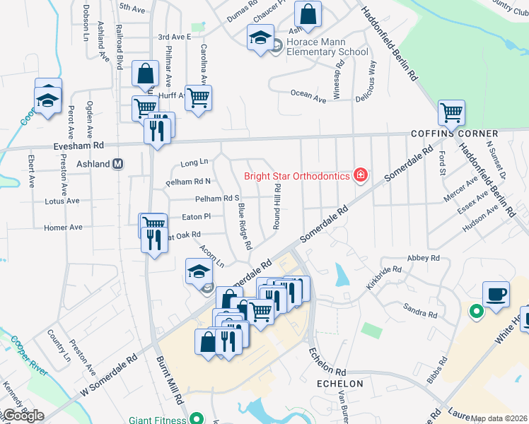 map of restaurants, bars, coffee shops, grocery stores, and more near 106 Round Hill Road in Voorhees Township