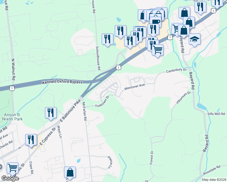 map of restaurants, bars, coffee shops, grocery stores, and more near 414 Victoria Gardens Drive in Kennett Square
