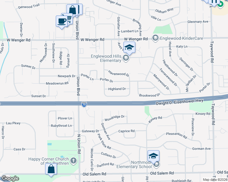 map of restaurants, bars, coffee shops, grocery stores, and more near 313 Highland Drive in Englewood