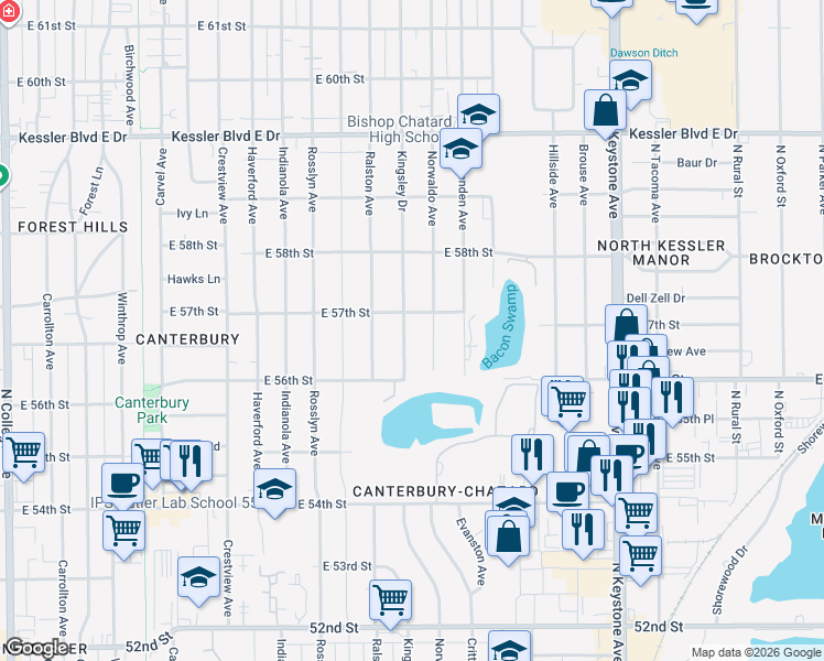 map of restaurants, bars, coffee shops, grocery stores, and more near 5633 Kingsley Drive in Indianapolis