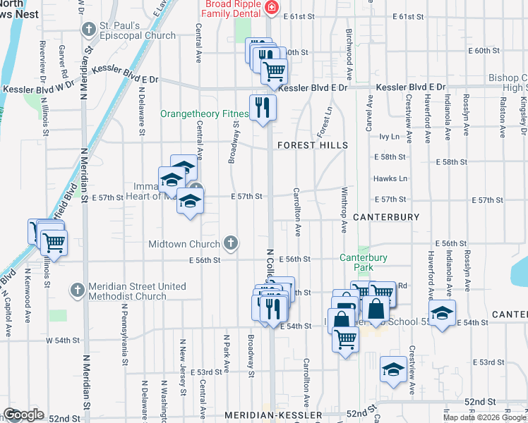 map of restaurants, bars, coffee shops, grocery stores, and more near 5680 North College Avenue in Indianapolis