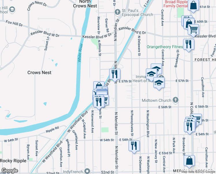 map of restaurants, bars, coffee shops, grocery stores, and more near 65 West Westfield Boulevard in Indianapolis