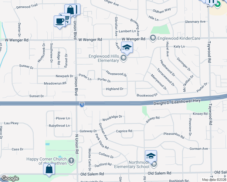 map of restaurants, bars, coffee shops, grocery stores, and more near 313 Highland Dr in Englewood