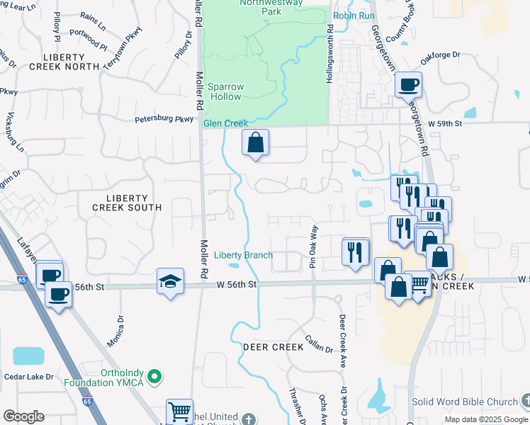 map of restaurants, bars, coffee shops, grocery stores, and more near 5260 Pin Oak Drive in Indianapolis