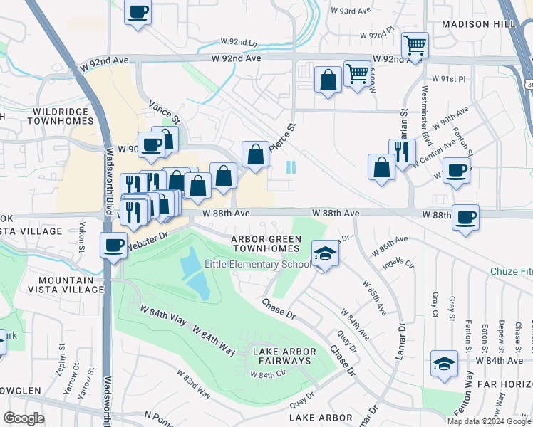 map of restaurants, bars, coffee shops, grocery stores, and more near 8771 Pierce Way in Arvada
