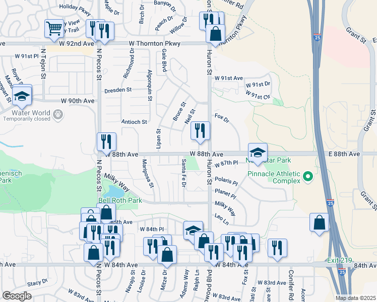 map of restaurants, bars, coffee shops, grocery stores, and more near 8808 Santa Fe Drive in Thornton