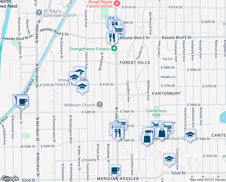 map of restaurants, bars, coffee shops, grocery stores, and more near 5680 North College Avenue in Indianapolis