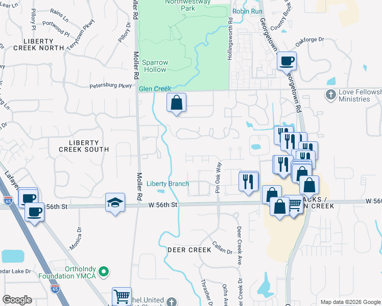 map of restaurants, bars, coffee shops, grocery stores, and more near 5222 Pin Oak Drive in Indianapolis