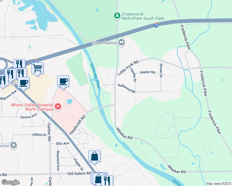 map of restaurants, bars, coffee shops, grocery stores, and more near 8900 Meeker Road in Dayton