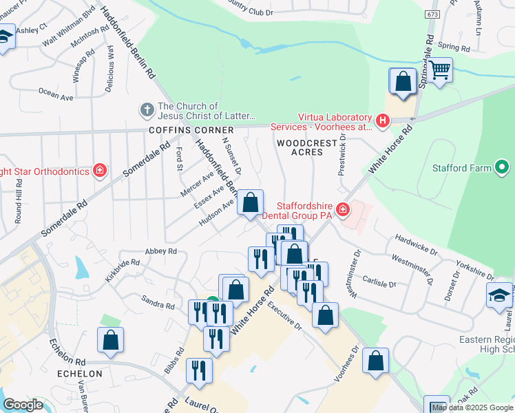 map of restaurants, bars, coffee shops, grocery stores, and more near 501 Haddonfield-Berlin Road in Voorhees Township