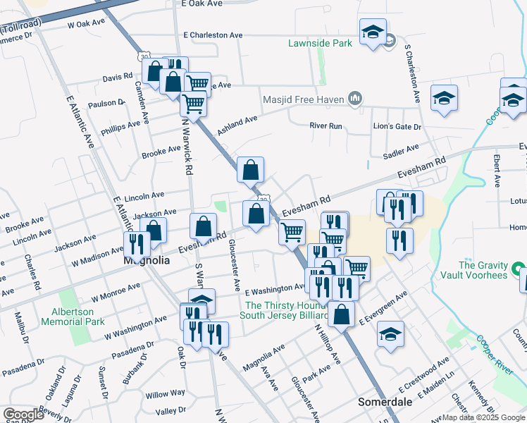 map of restaurants, bars, coffee shops, grocery stores, and more near 100 North White Horse Pike in Magnolia