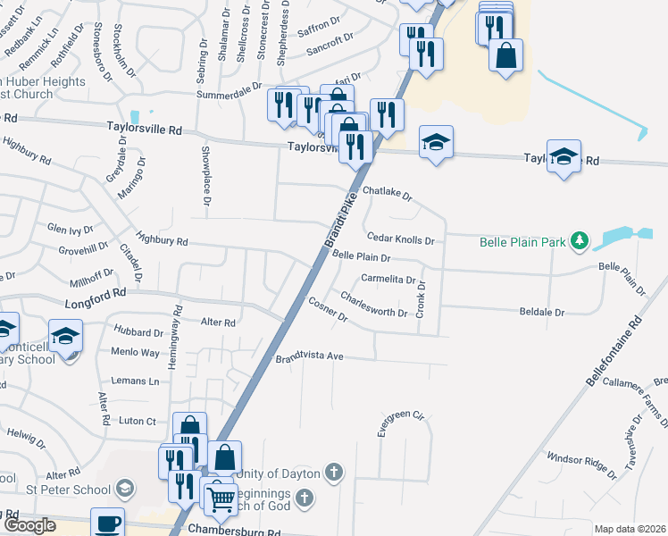 map of restaurants, bars, coffee shops, grocery stores, and more near 7137 Castlecrest Drive in Dayton