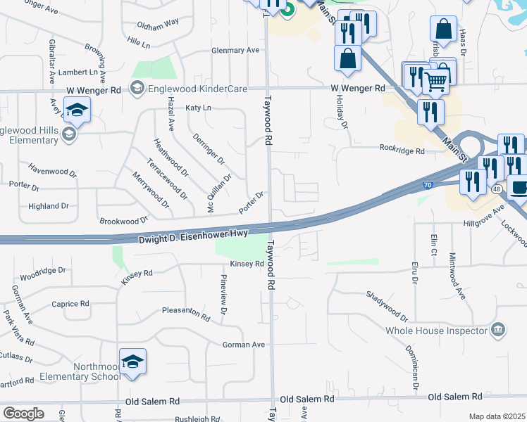 map of restaurants, bars, coffee shops, grocery stores, and more near 1107 Taywood Road in Englewood
