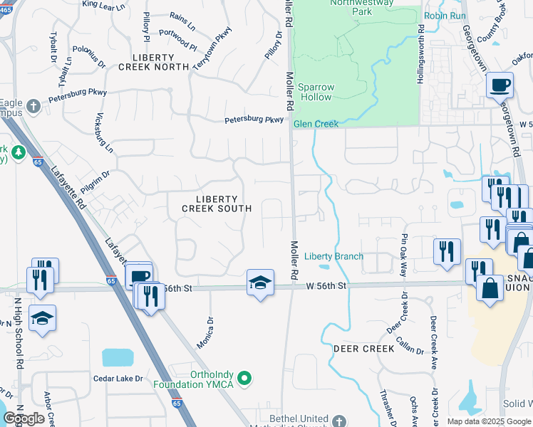 map of restaurants, bars, coffee shops, grocery stores, and more near 5747 Prestonwood Court in Indianapolis
