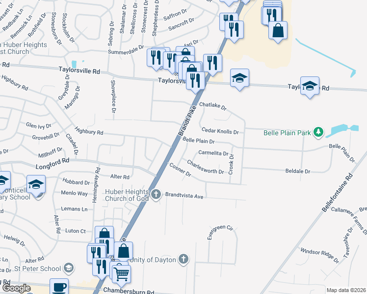 map of restaurants, bars, coffee shops, grocery stores, and more near 7137 Castlecrest Drive in Dayton