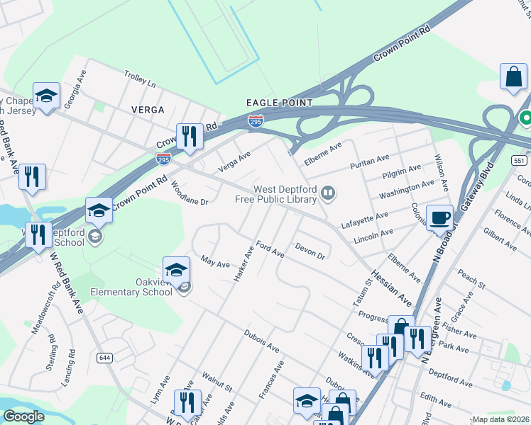 map of restaurants, bars, coffee shops, grocery stores, and more near 1180 Harker Avenue in Woodbury