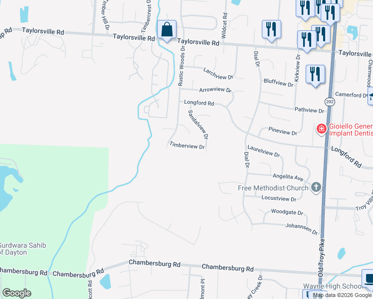 map of restaurants, bars, coffee shops, grocery stores, and more near 4924 Timberview Drive in Dayton