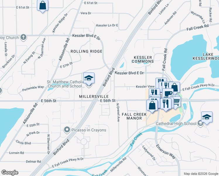 map of restaurants, bars, coffee shops, grocery stores, and more near 5658 Brownstone Drive in Indianapolis