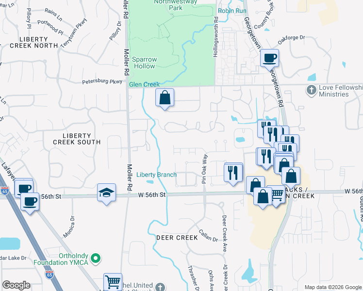 map of restaurants, bars, coffee shops, grocery stores, and more near 5222 Pin Oak Drive in Indianapolis