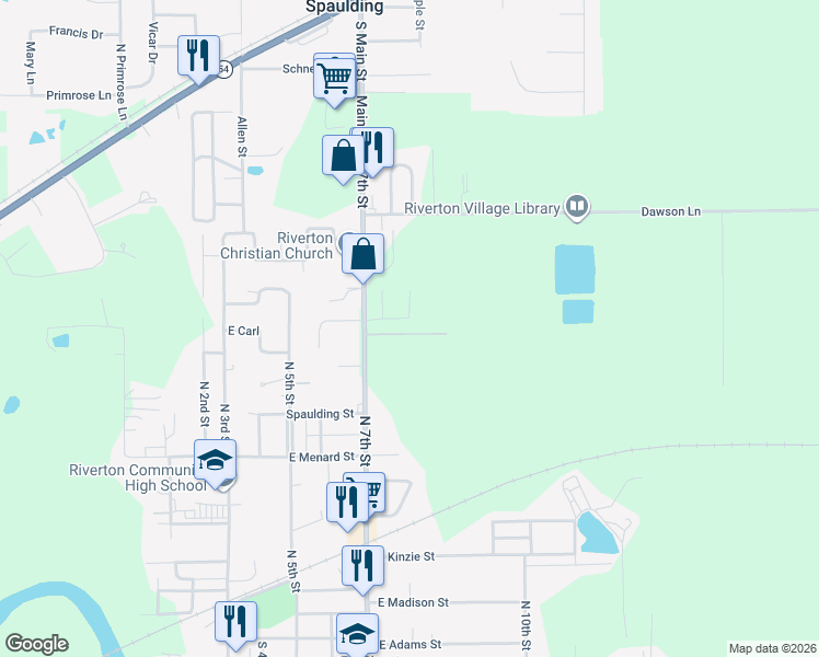 map of restaurants, bars, coffee shops, grocery stores, and more near 720 Breann Drive in Riverton