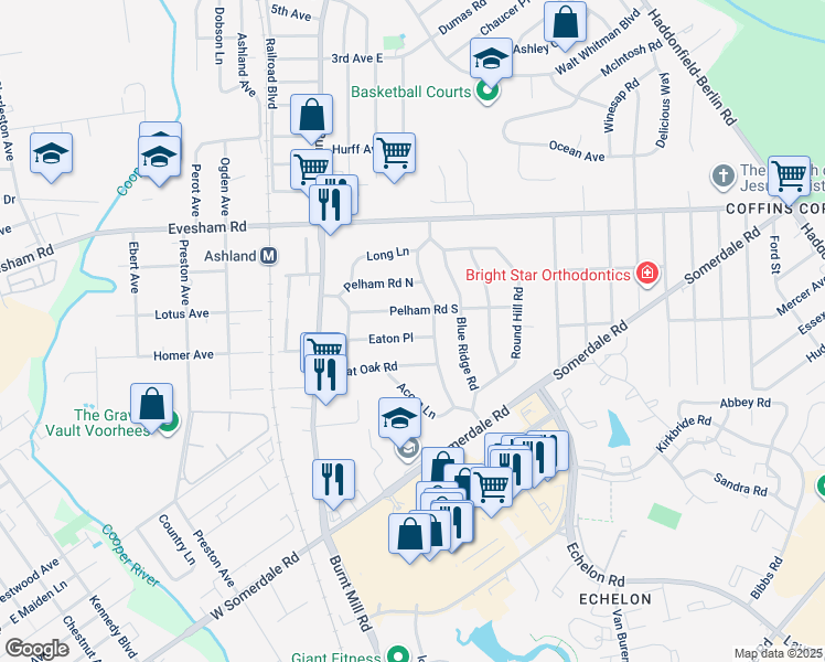 map of restaurants, bars, coffee shops, grocery stores, and more near 120 Eaton Place in Voorhees Township