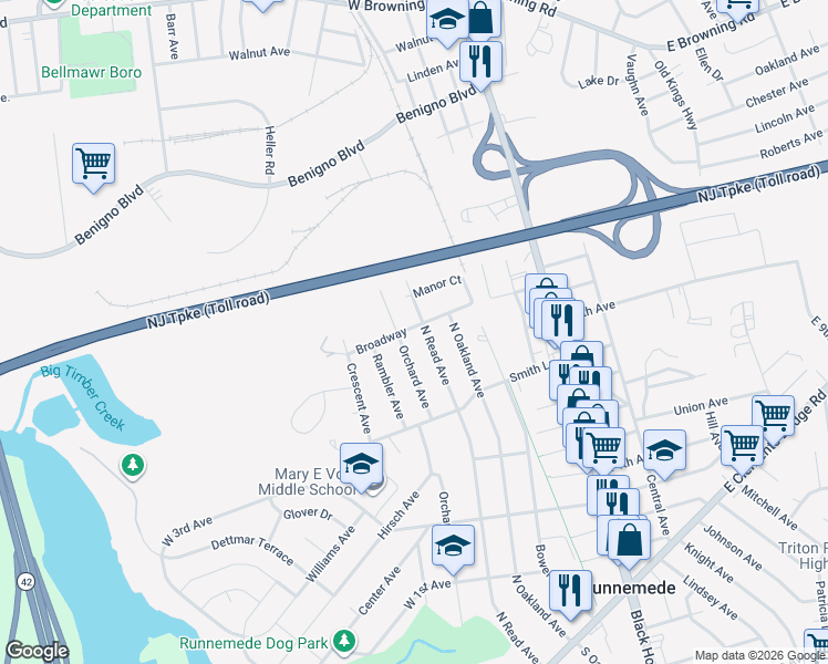 map of restaurants, bars, coffee shops, grocery stores, and more near 300 Broadway in Runnemede