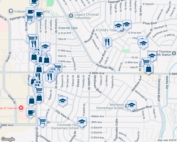 map of restaurants, bars, coffee shops, grocery stores, and more near 1511 East 88th Avenue in Thornton
