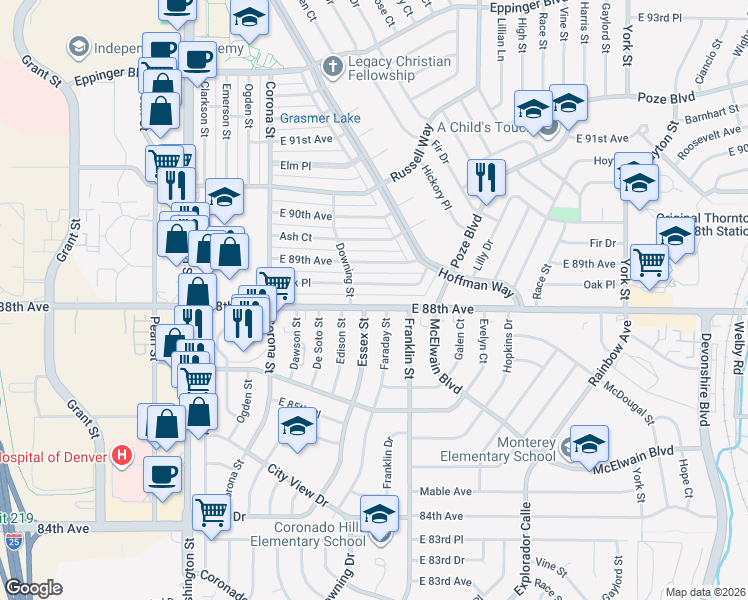map of restaurants, bars, coffee shops, grocery stores, and more near 1391 East 88th Avenue in Thornton