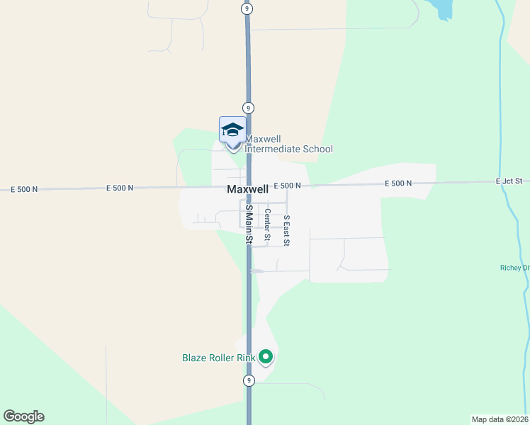 map of restaurants, bars, coffee shops, grocery stores, and more near 107 Center Street in Maxwell