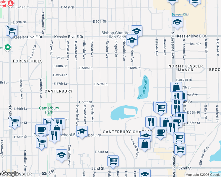map of restaurants, bars, coffee shops, grocery stores, and more near 5651 Ralston Avenue in Indianapolis