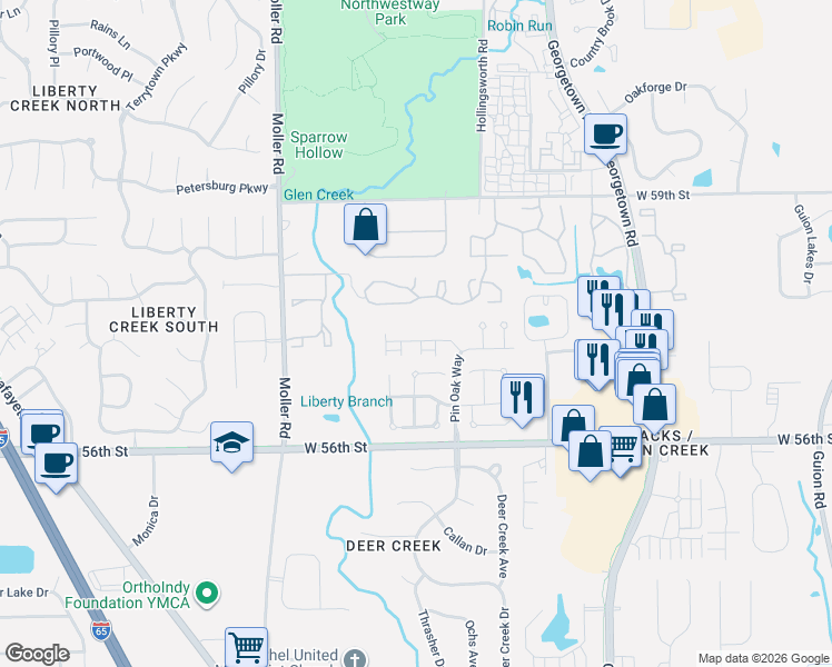 map of restaurants, bars, coffee shops, grocery stores, and more near 5222 Pin Oak Drive in Indianapolis