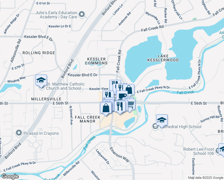 map of restaurants, bars, coffee shops, grocery stores, and more near 5660 Emerson Way in Indianapolis