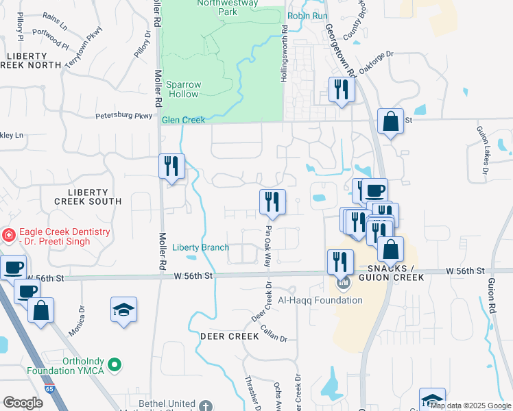 map of restaurants, bars, coffee shops, grocery stores, and more near 5142 Pin Oak Drive in Indianapolis