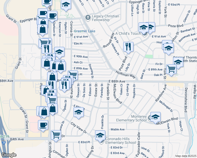 map of restaurants, bars, coffee shops, grocery stores, and more near 1391 East 88th Avenue in Thornton