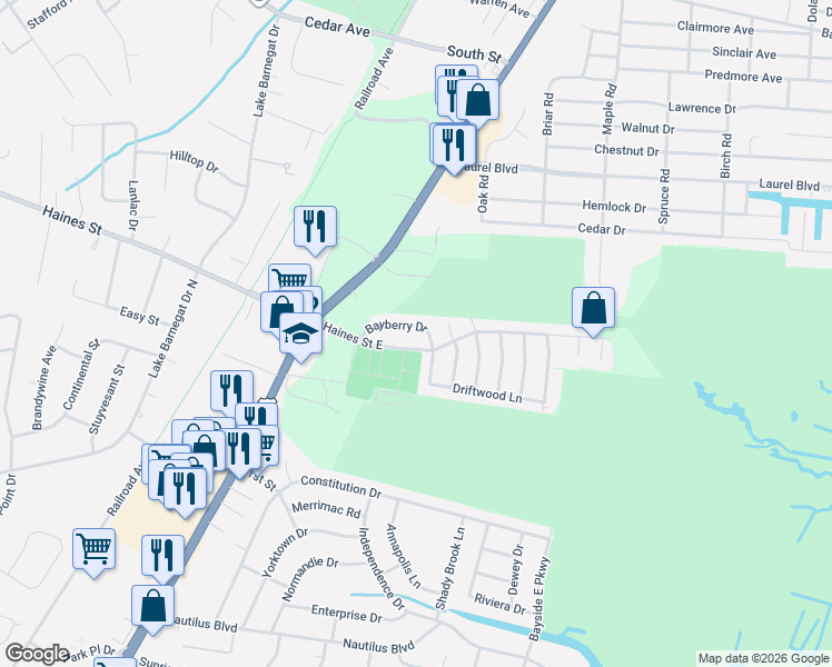 map of restaurants, bars, coffee shops, grocery stores, and more near 13 Bayberry Drive in Lacey Township