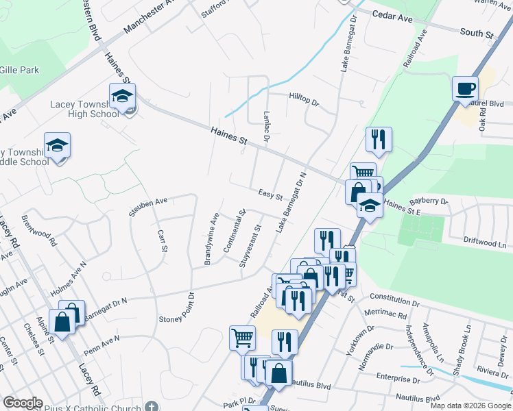 map of restaurants, bars, coffee shops, grocery stores, and more near 422 Continental Street in Lacey Township