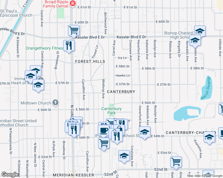map of restaurants, bars, coffee shops, grocery stores, and more near 5650 Carvel Avenue in Indianapolis