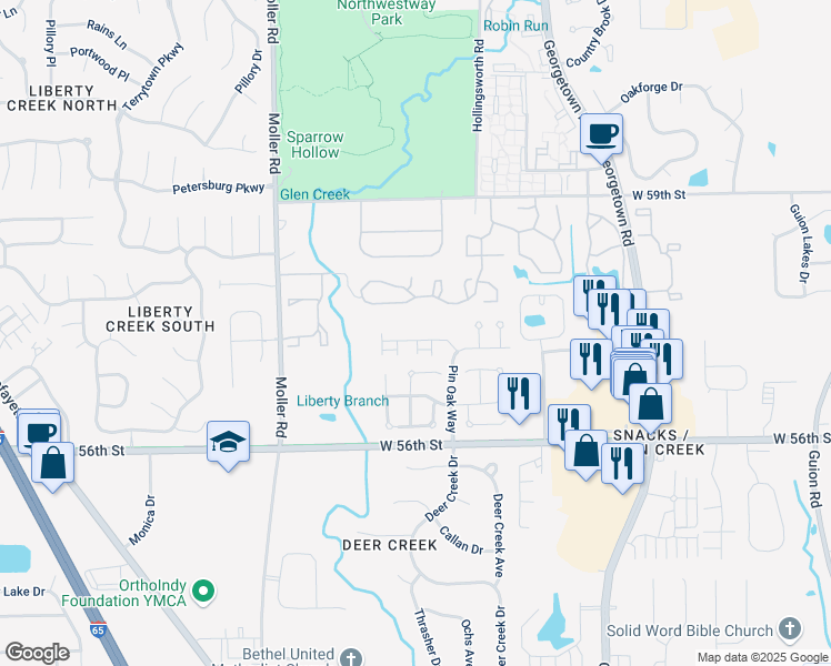 map of restaurants, bars, coffee shops, grocery stores, and more near 5142 Pin Oak Drive in Indianapolis