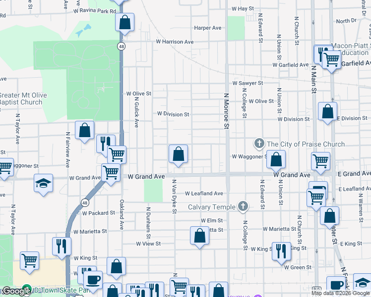 map of restaurants, bars, coffee shops, grocery stores, and more near 881 West Center Street in Decatur