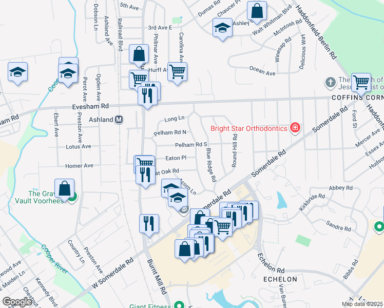 map of restaurants, bars, coffee shops, grocery stores, and more near 120 Eaton Place in Voorhees Township