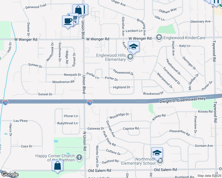 map of restaurants, bars, coffee shops, grocery stores, and more near 323 Highland Drive in Englewood