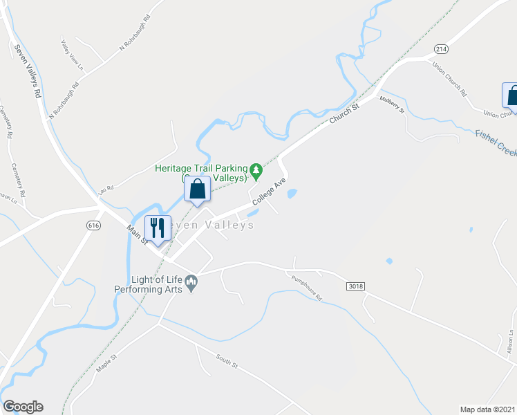 map of restaurants, bars, coffee shops, grocery stores, and more near 102 Church Street in Seven Valleys