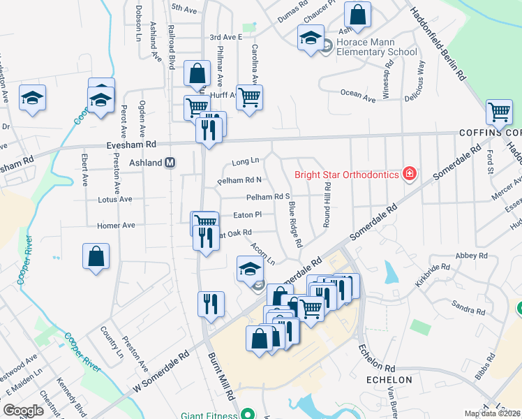 map of restaurants, bars, coffee shops, grocery stores, and more near 120 Eaton Place in Voorhees Township